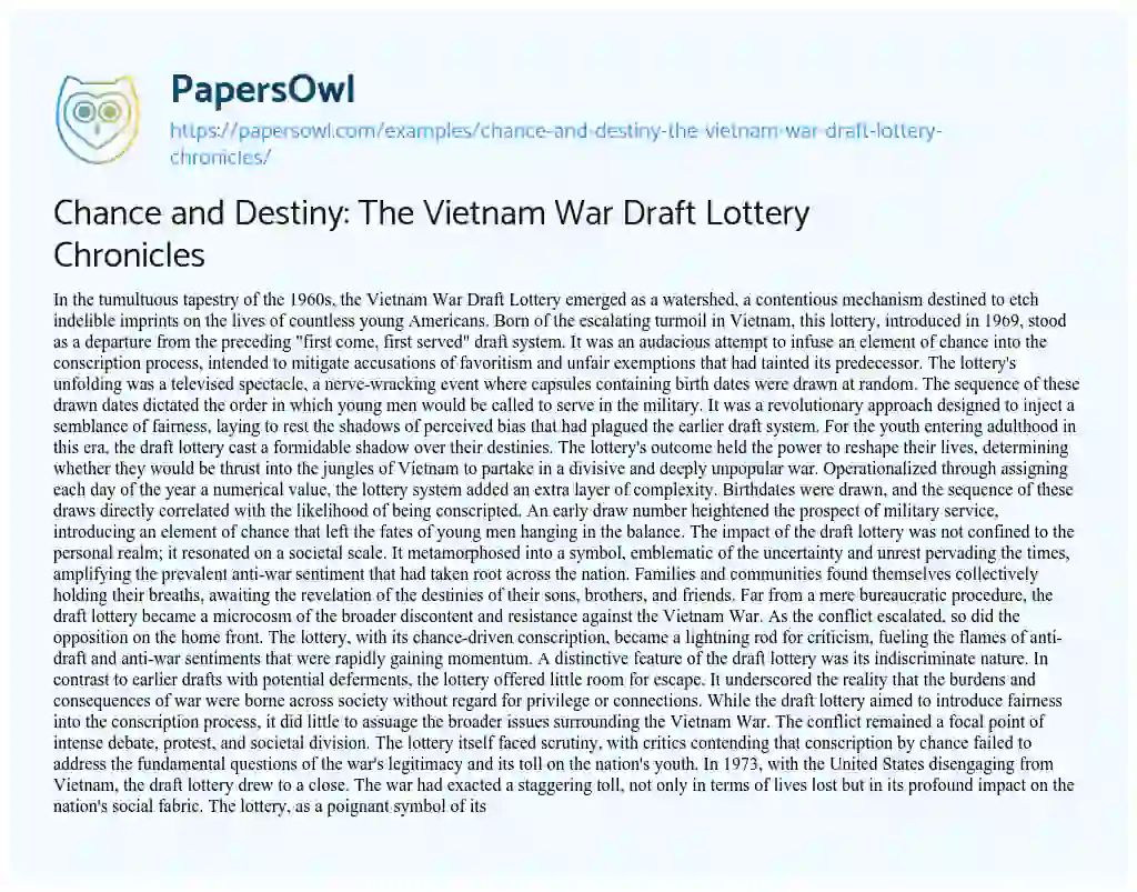 Essay on Chance and Destiny: the Vietnam War Draft Lottery Chronicles