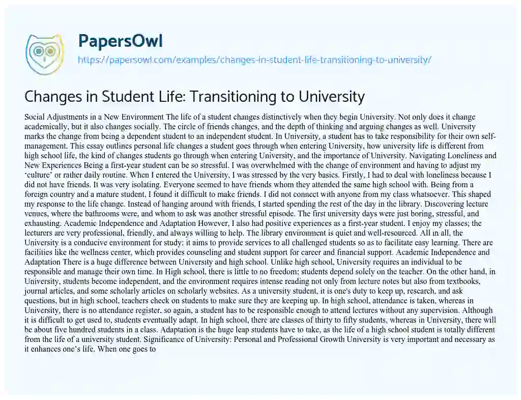 Essay on Changes in Student Life: Transitioning to University