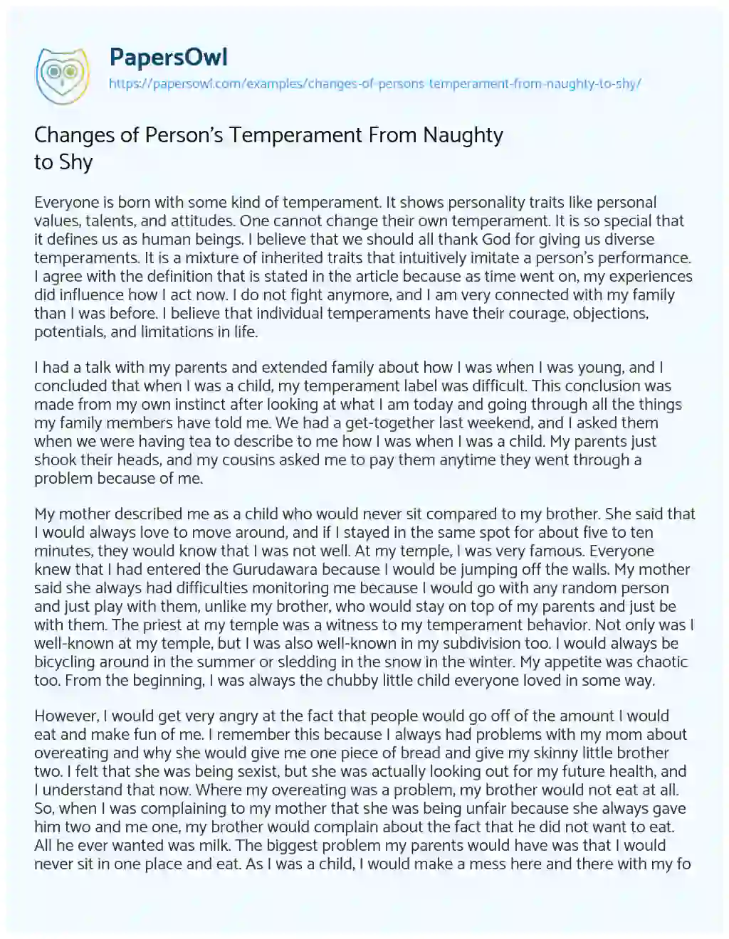 Essay on Changes of Person’s Temperament from Naughty to Shy