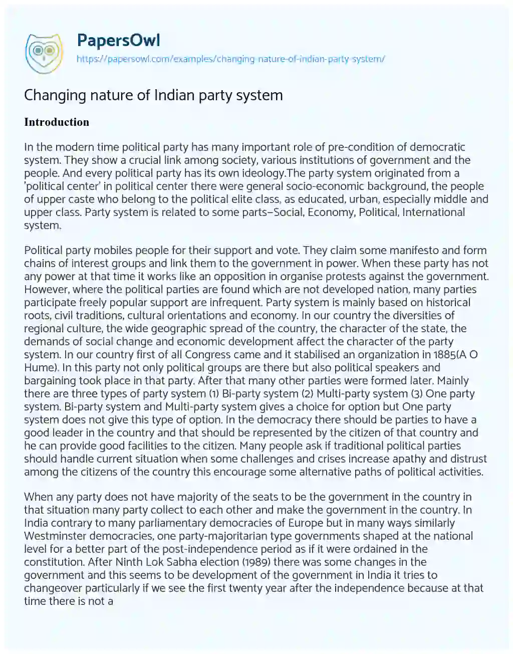 Essay on Changing Nature of Indian Party System