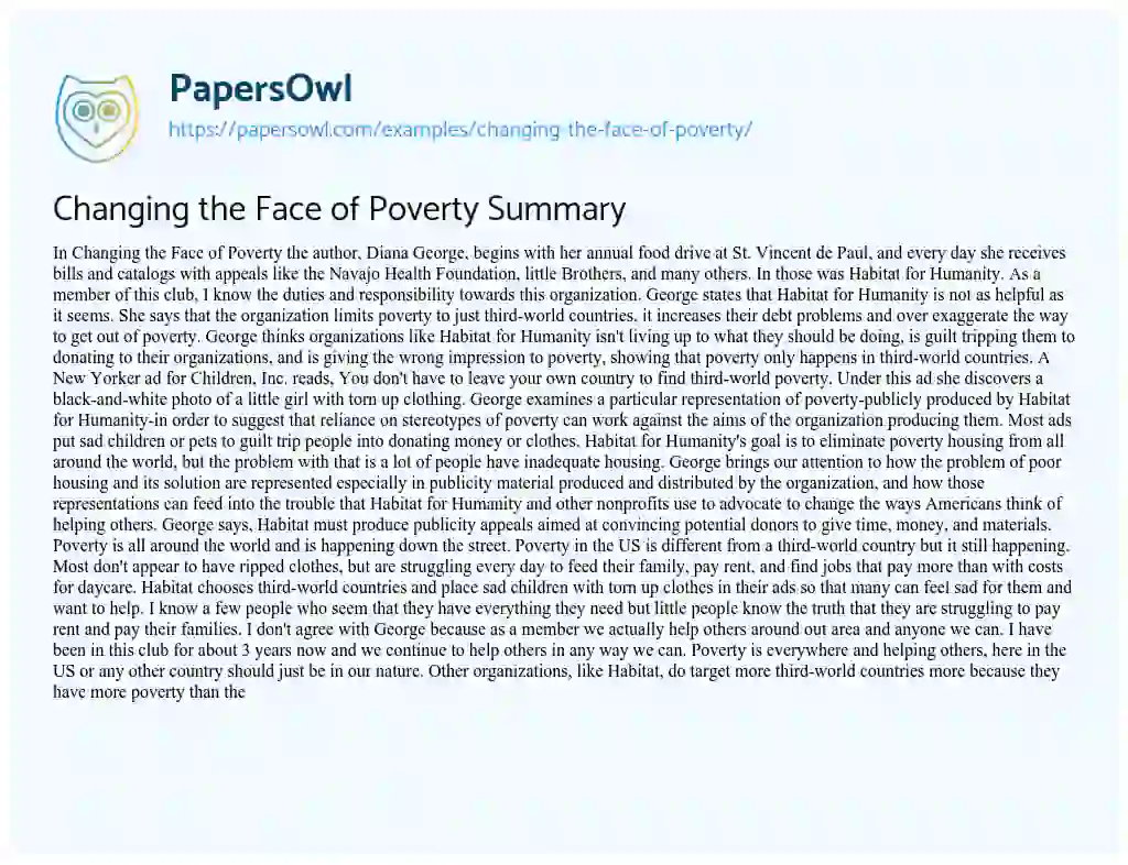 Essay on Changing the Face of Poverty Summary