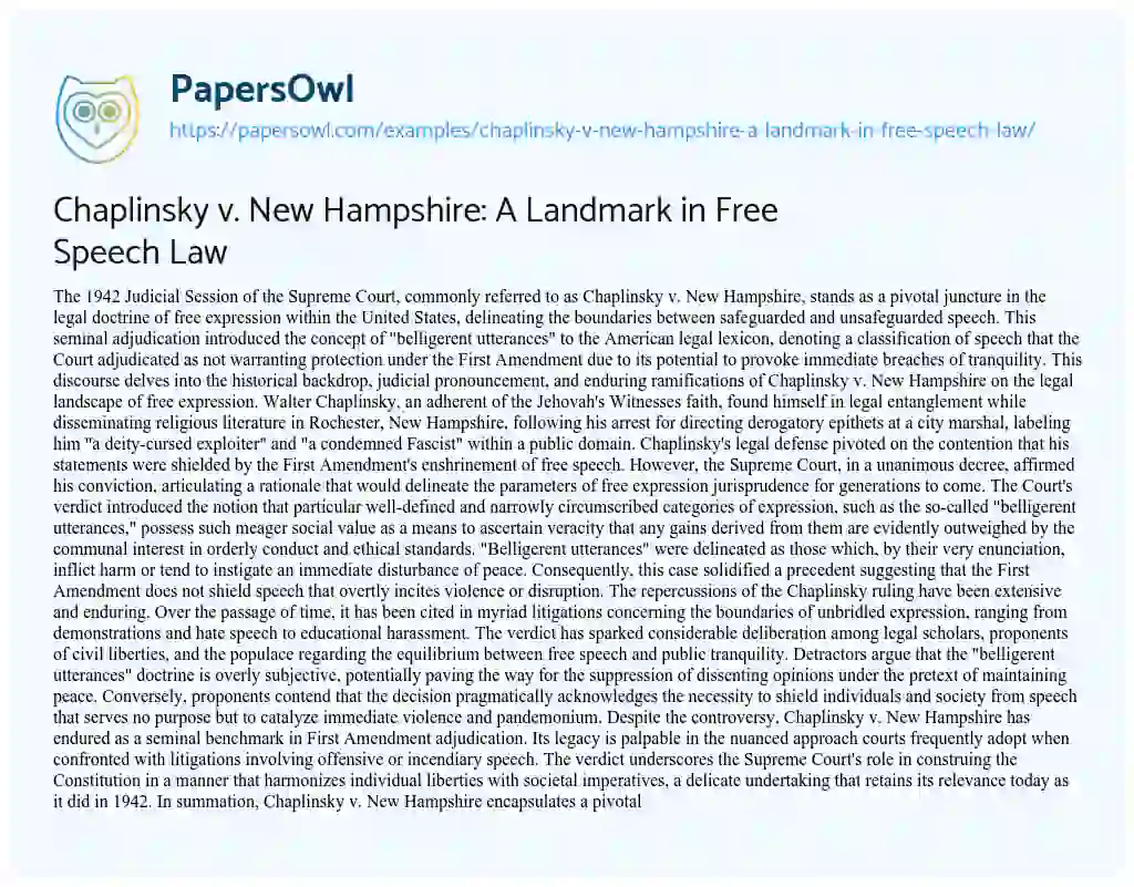 Essay on Chaplinsky V. New Hampshire: a Landmark in Free Speech Law