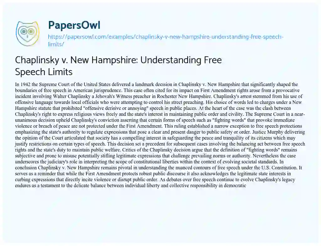 Essay on Chaplinsky V. New Hampshire: Understanding Free Speech Limits