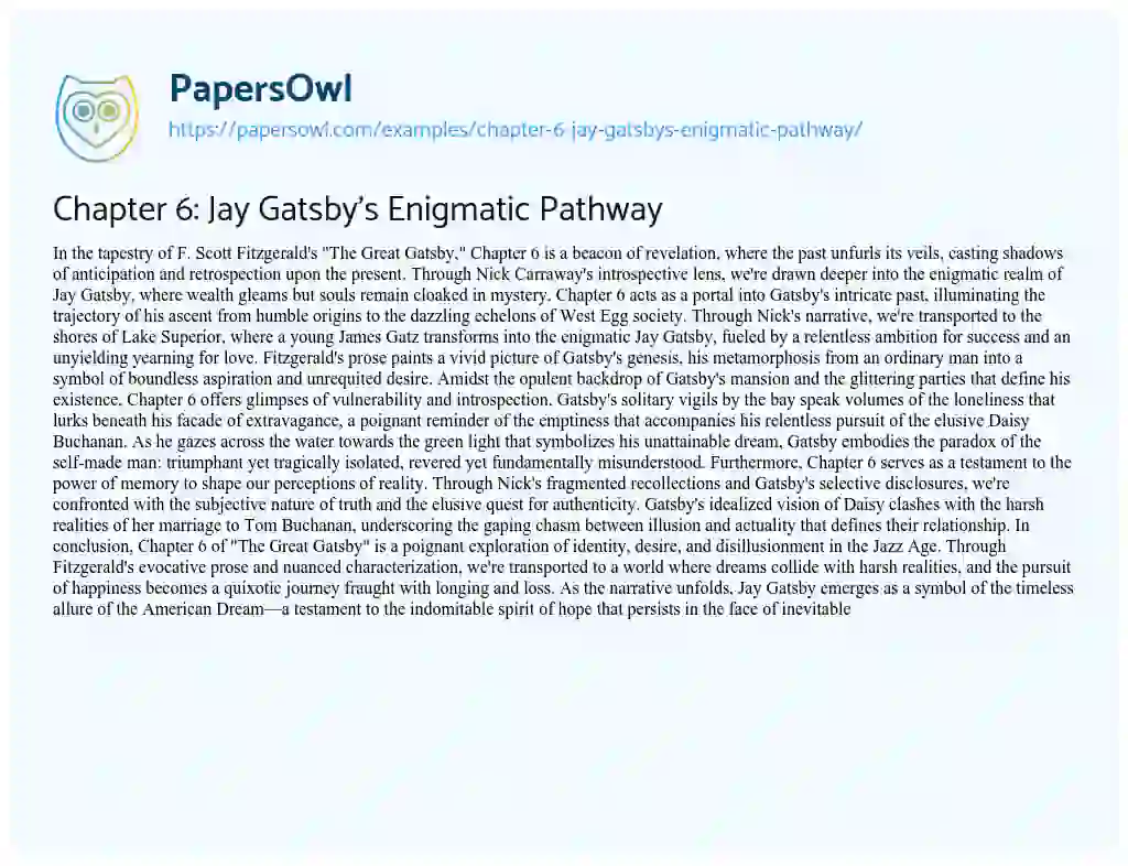 Essay on Chapter 6: Jay Gatsby’s Enigmatic Pathway