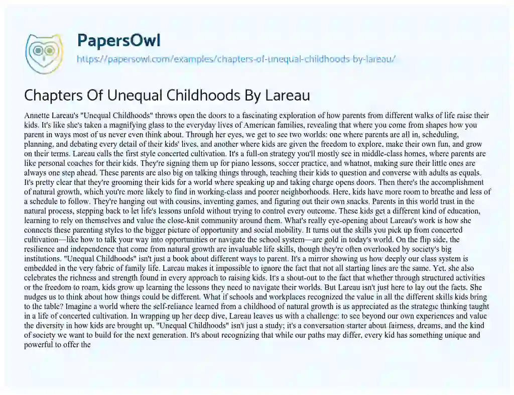 Essay on Chapters of Unequal Childhoods by Lareau