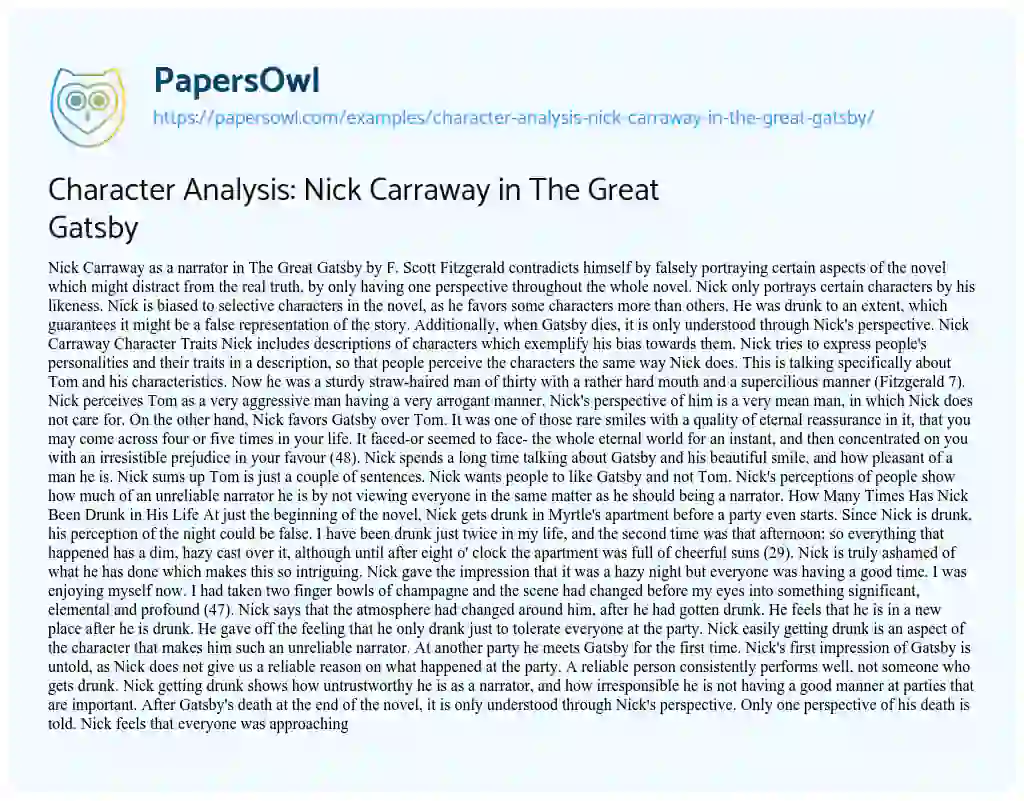 Character Analysis: Nick Carraway in the Great Gatsby essay