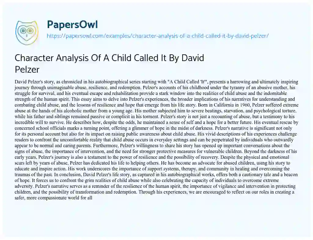 Essay on Character Analysis of a Child Called it by David Pelzer