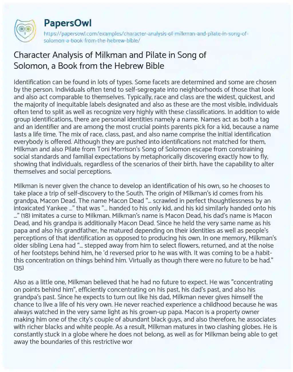 Essay on Character Analysis of Milkman and Pilate in Song of Solomon, a Book from the Hebrew Bible