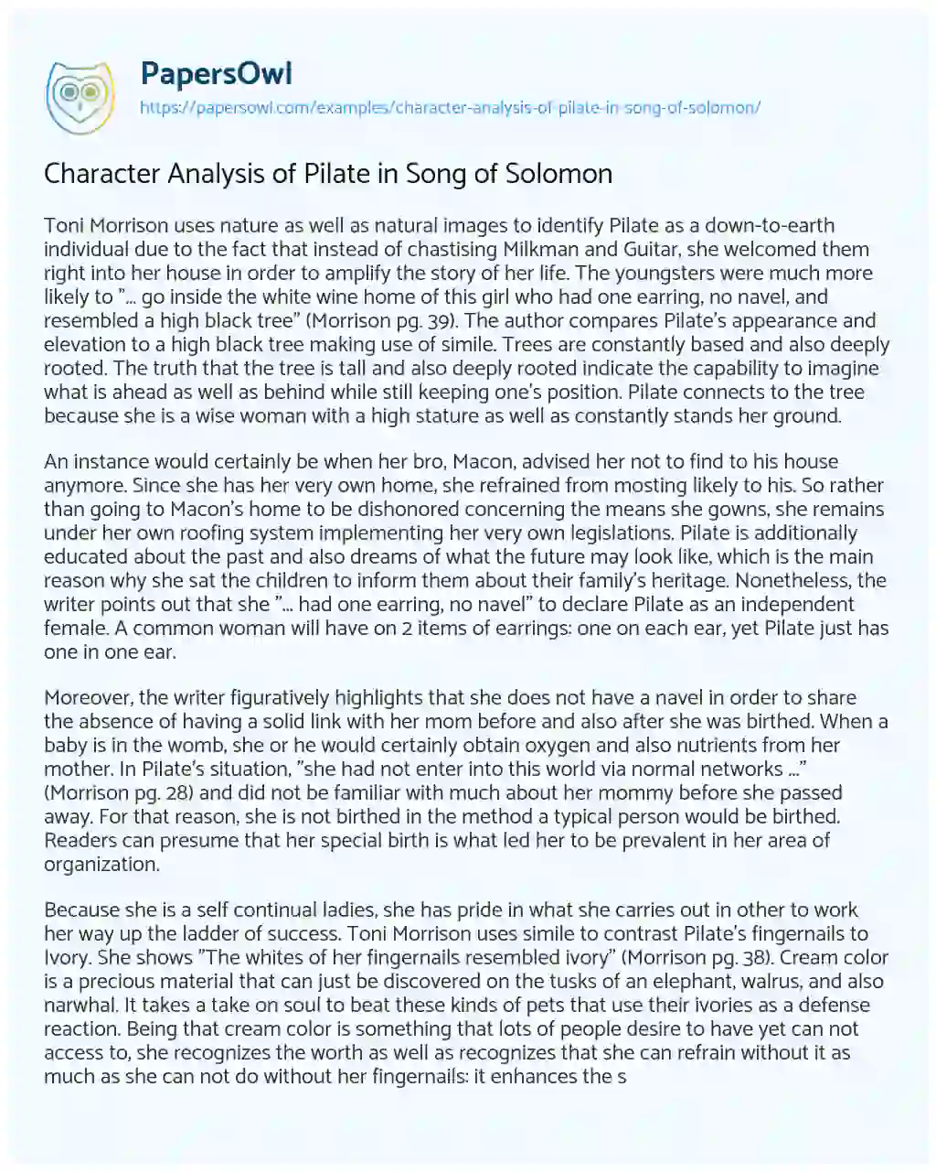 Essay on Character Analysis of Pilate in Song of Solomon