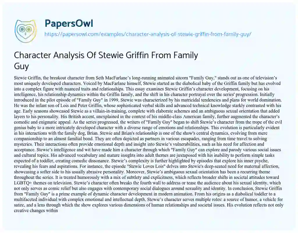 Essay on Character Analysis of Stewie Griffin from Family Guy