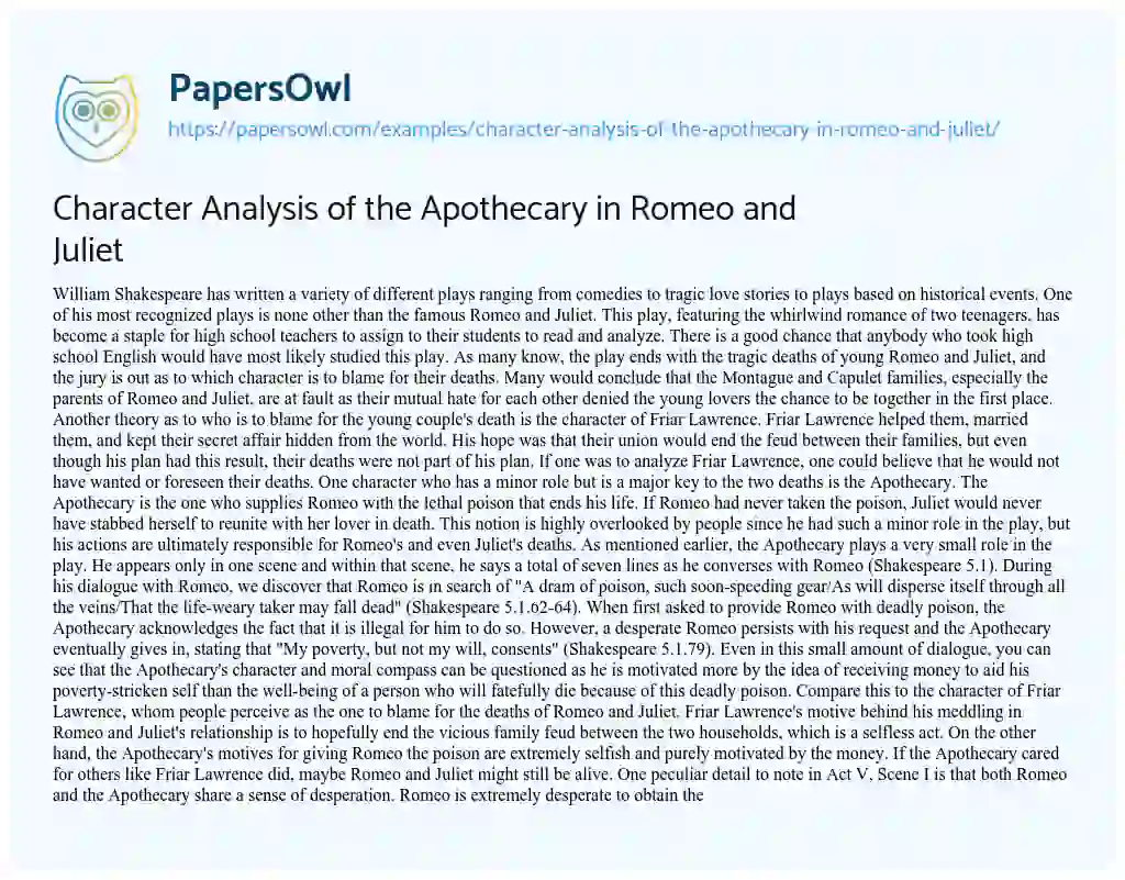 Essay on Character Analysis of the Apothecary in Romeo and Juliet