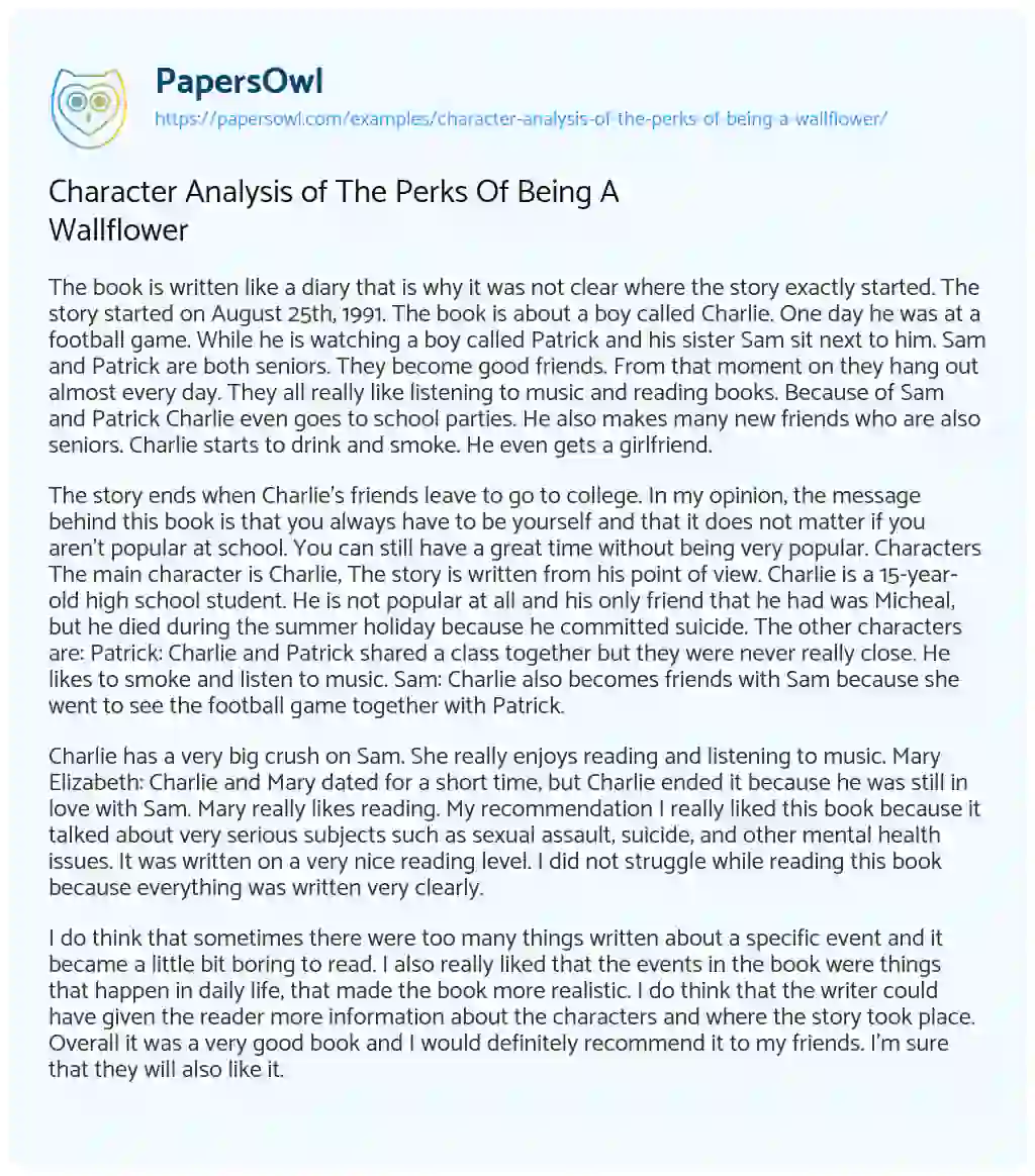 Essay on Character Analysis of the Perks of being a Wallflower
