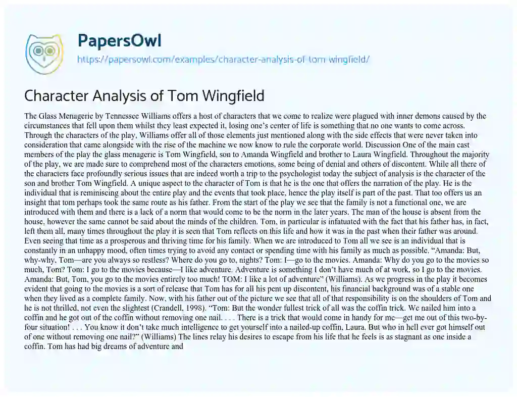 Character Analysis of Tom Wingfield essay
