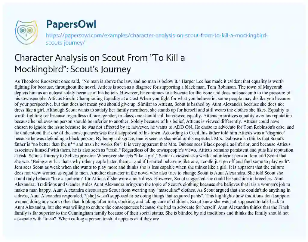 Essay on Character Analysis on Scout from “To Kill a Mockingbird”: Scout’s Journey
