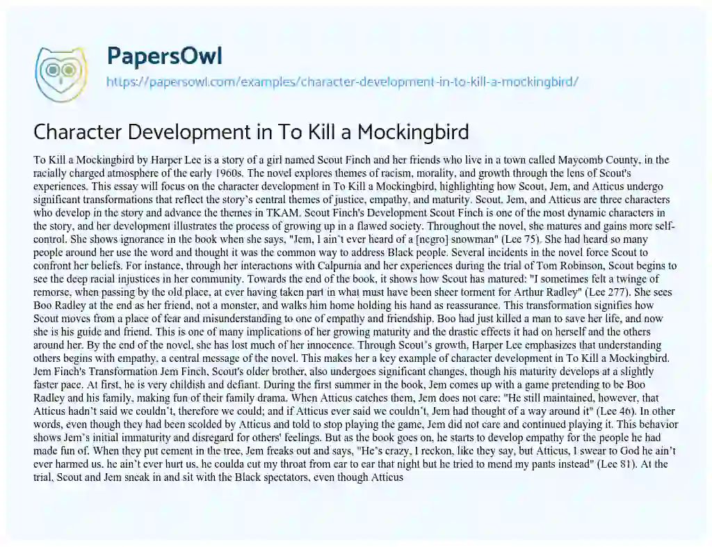 Essay on Character Development in to Kill a Mockingbird