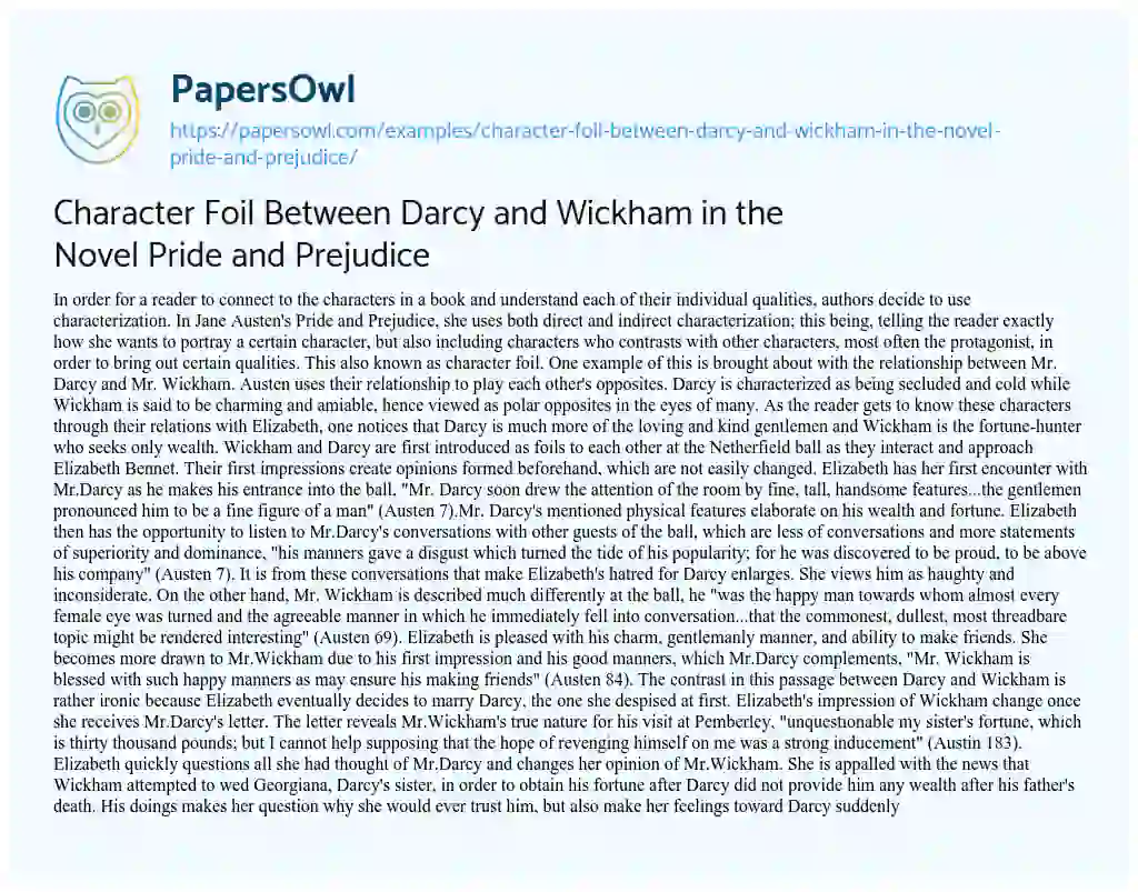 Essay on Character Foil between Darcy and Wickham in the Novel Pride and Prejudice