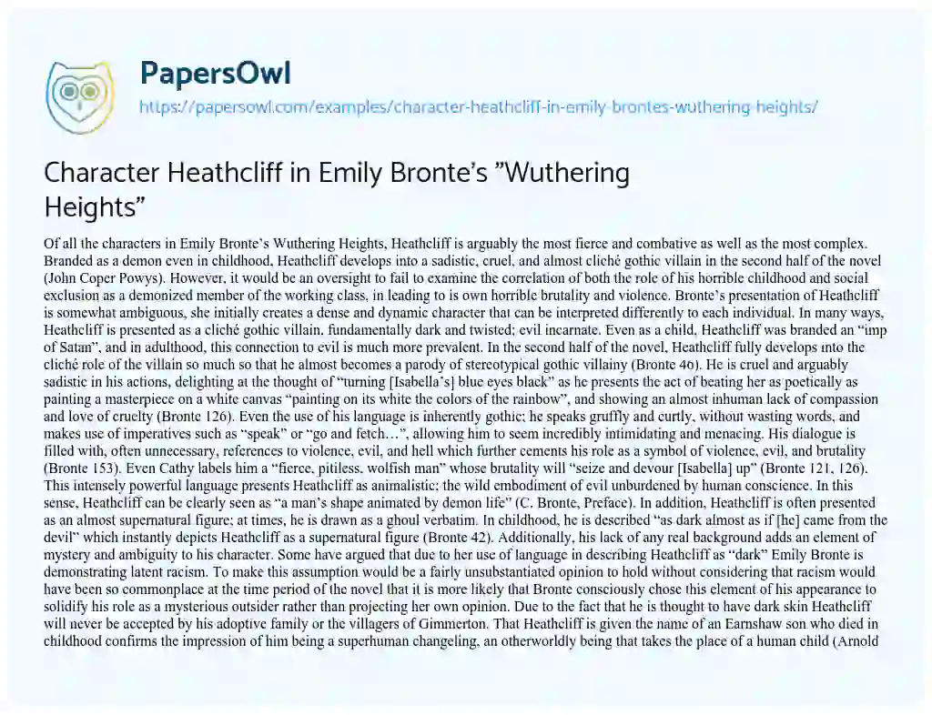 Essay on Character Heathcliff in Emily Bronte’s “Wuthering Heights”