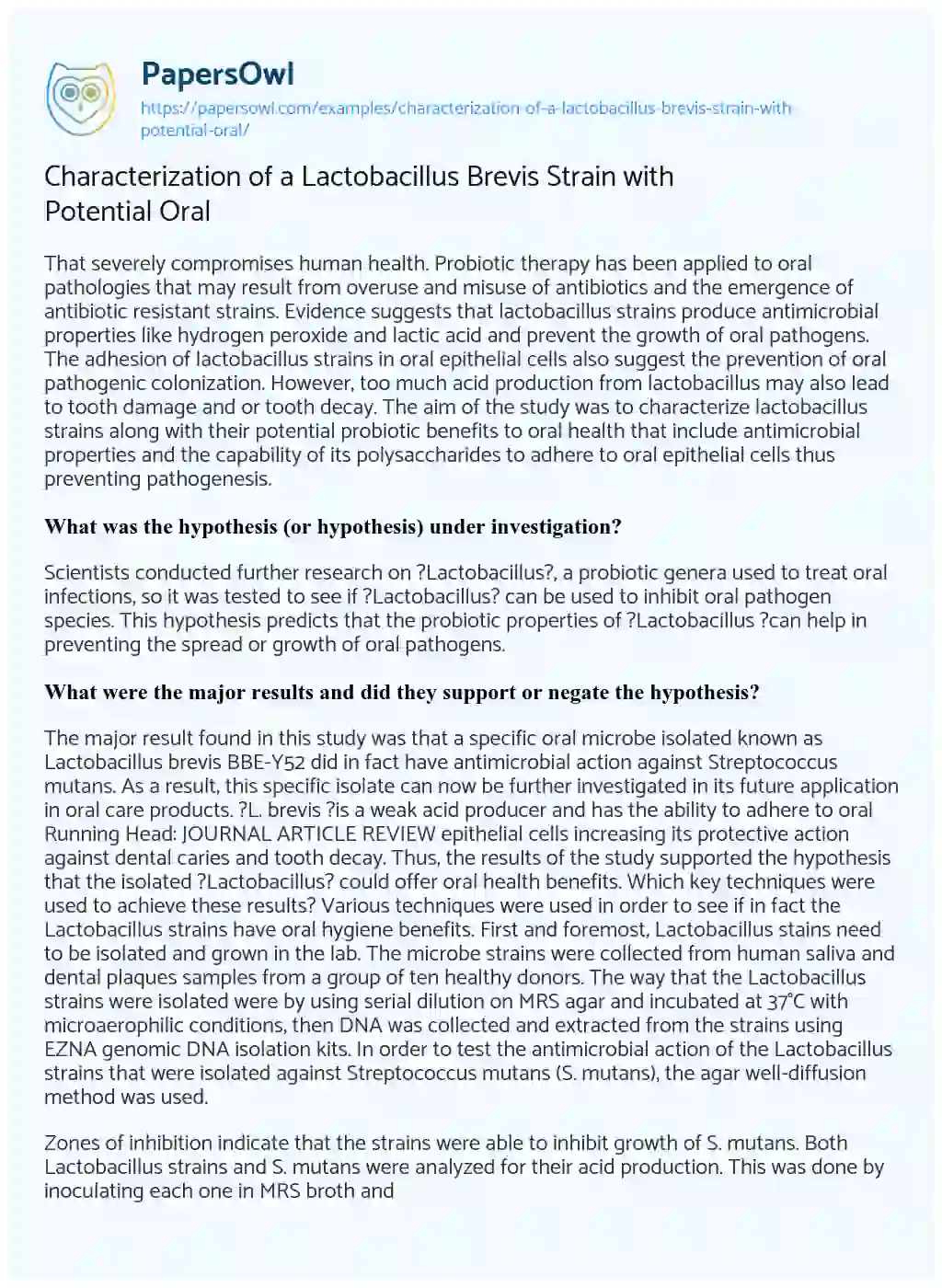 Essay on Characterization of a Lactobacillus Brevis Strain with Potential Oral