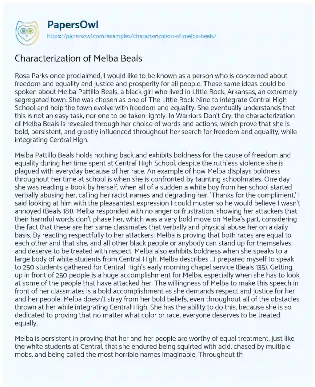 Essay on Characterization of Melba Beals