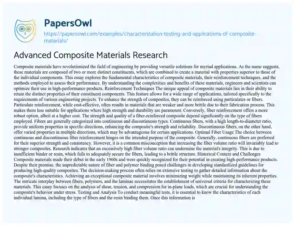 Essay on Characterization Testing and Applications of Composite Materials