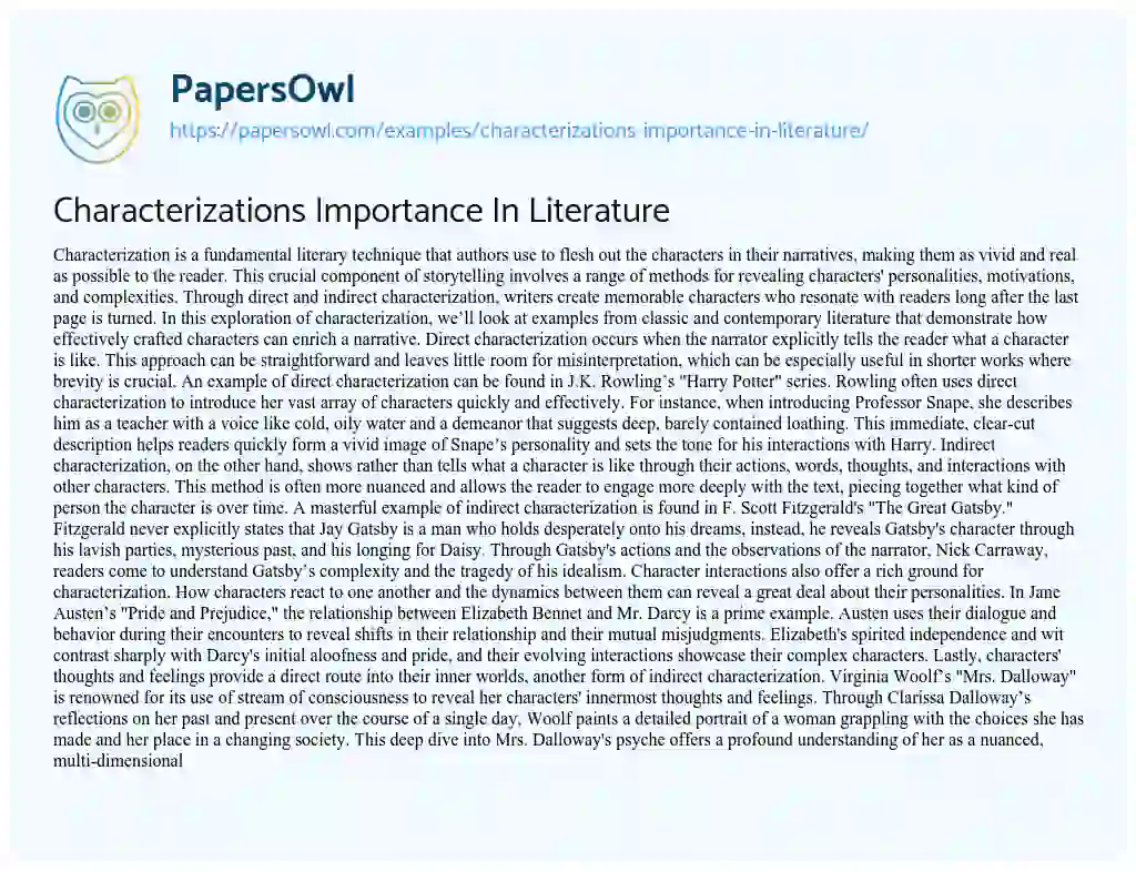 Essay on Characterizations Importance in Literature