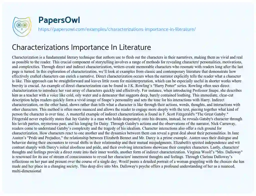 Essay on Characterizations Importance In Literature