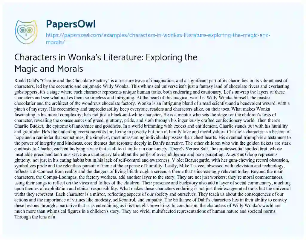 Essay on Characters in Wonka’s Literature: Exploring the Magic and Morals