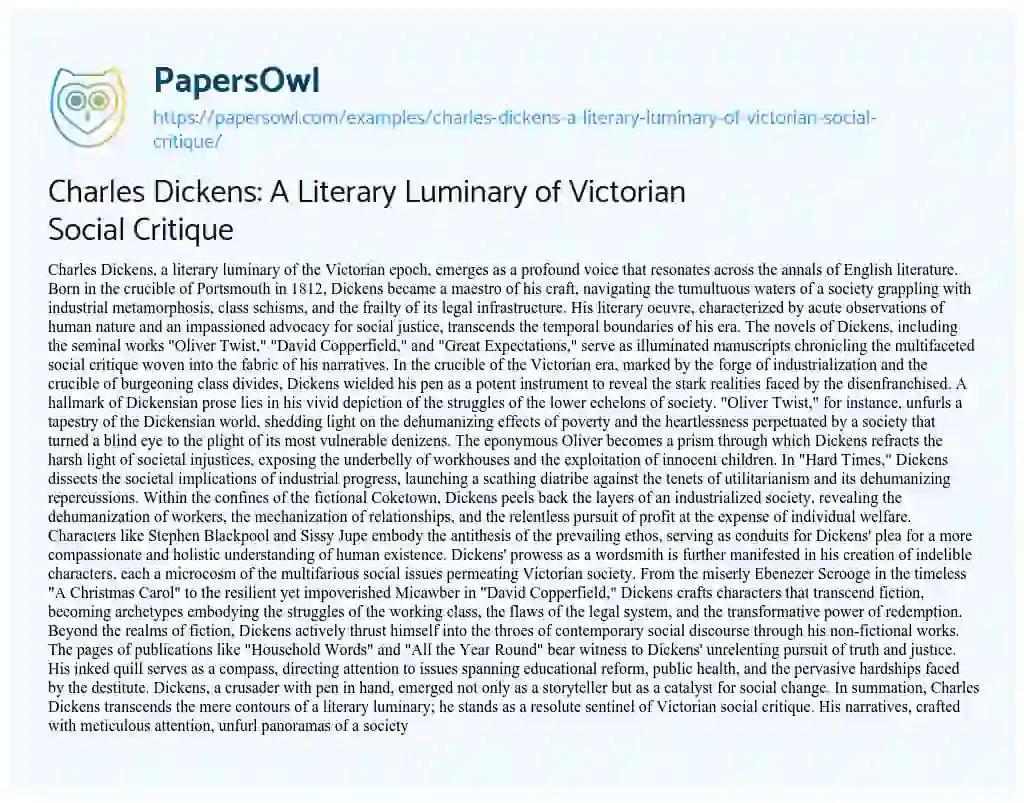 Essay on Charles Dickens: a Literary Luminary of Victorian Social Critique