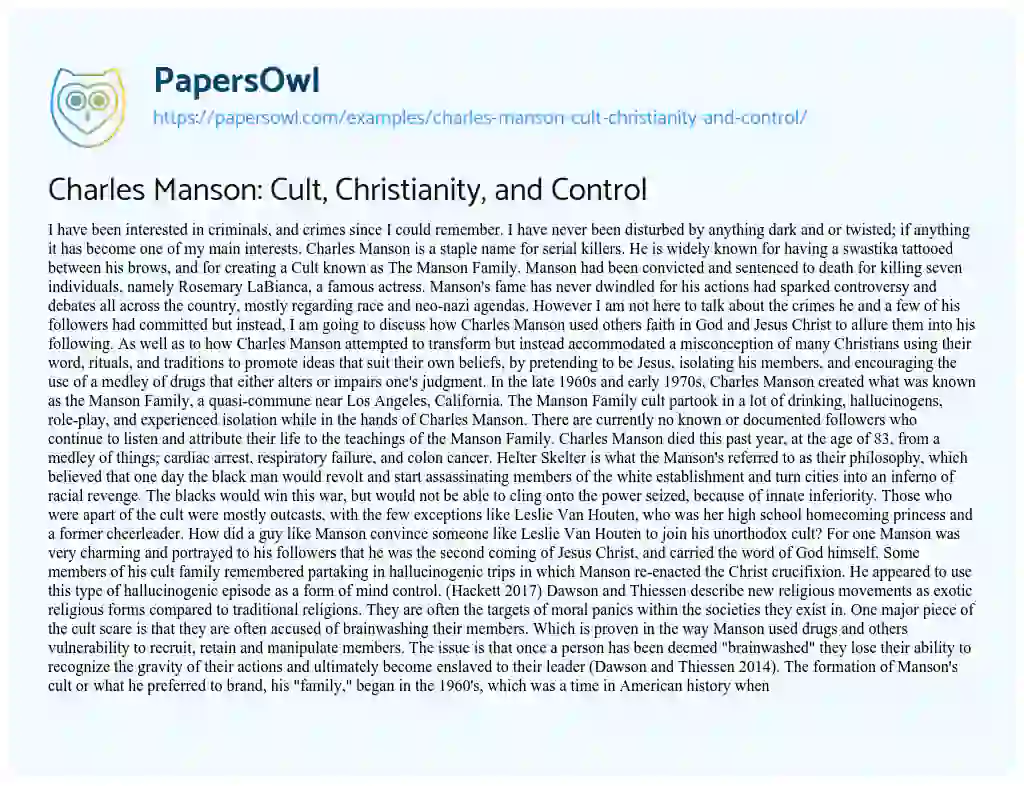 Essay on Charles Manson: Cult, Christianity, and Control