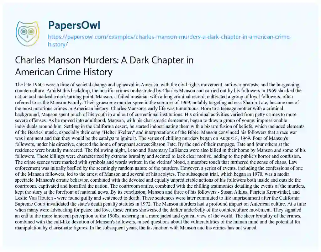 Essay on Charles Manson Murders: a Dark Chapter in American Crime History