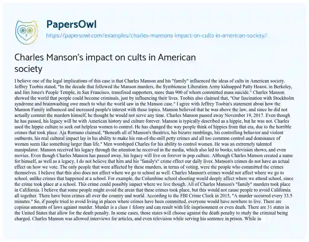 Essay on Charles Manson’s Impact on Cults in American Society