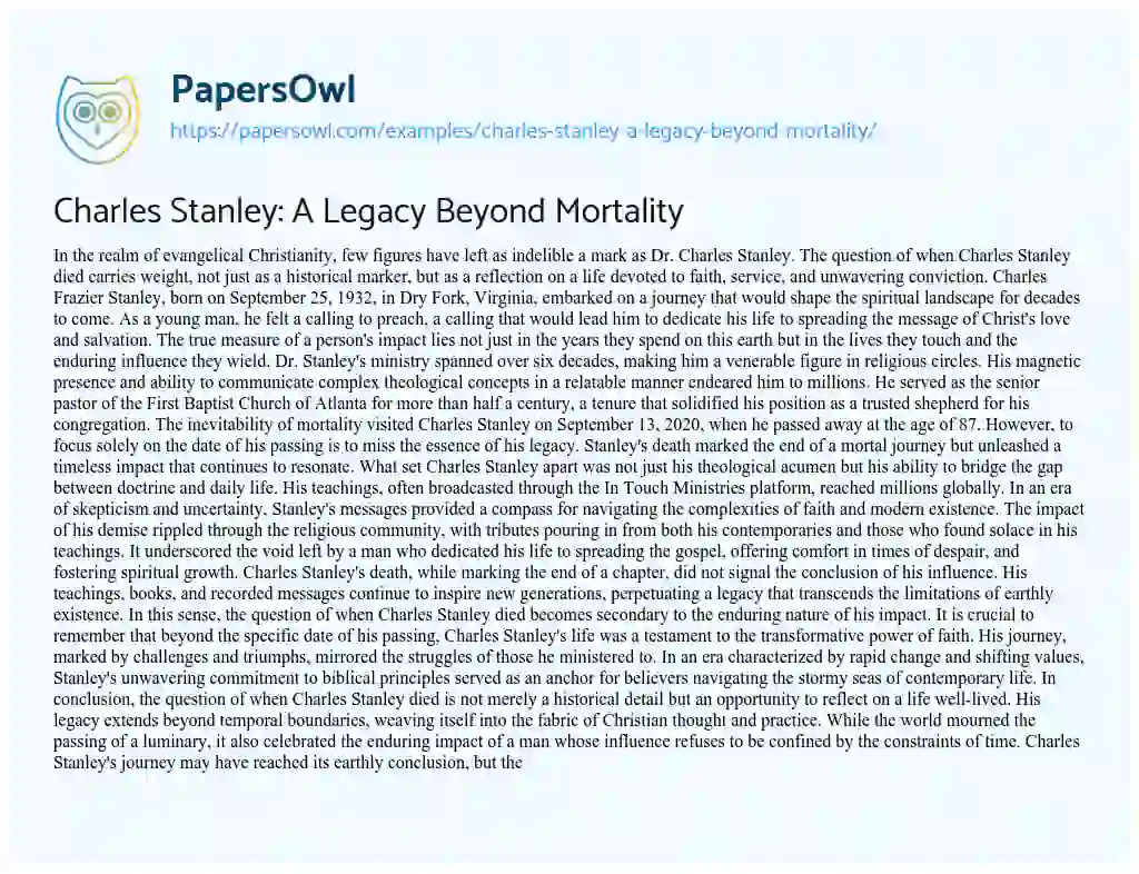 Essay on Charles Stanley: a Legacy Beyond Mortality