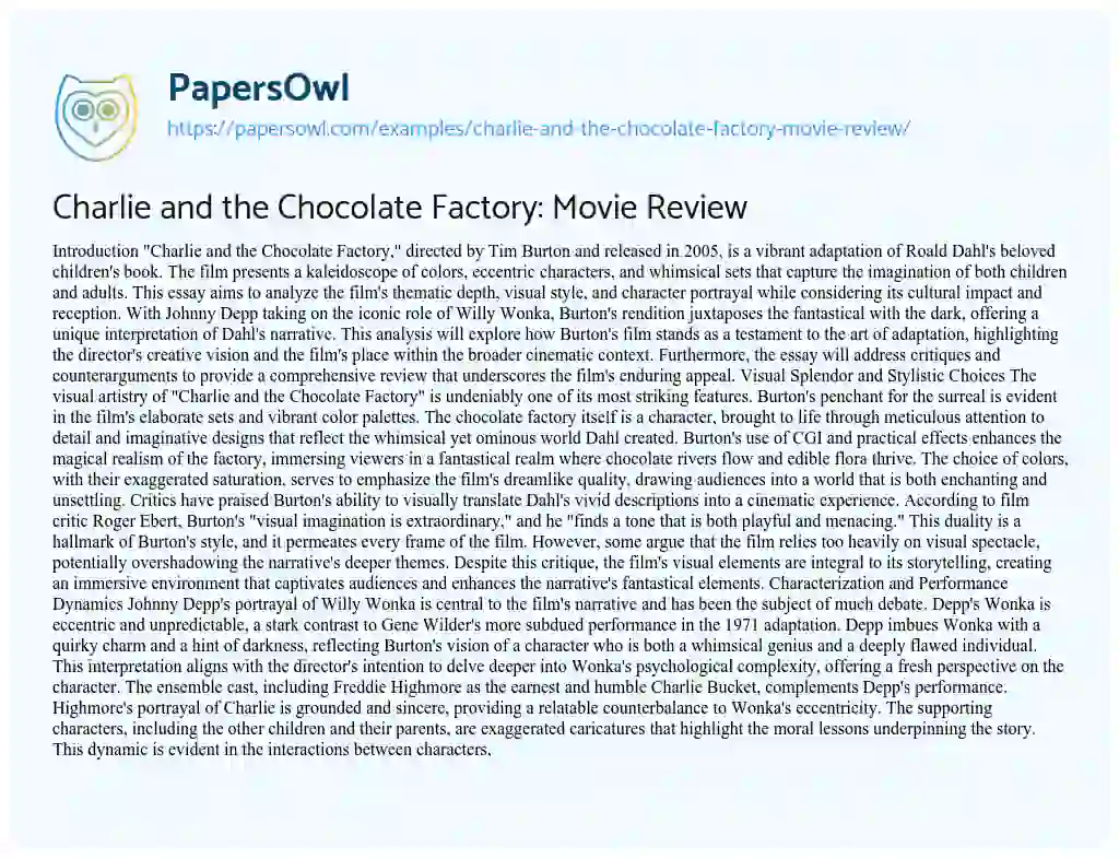 Essay on Charlie and the Chocolate Factory: Movie Review