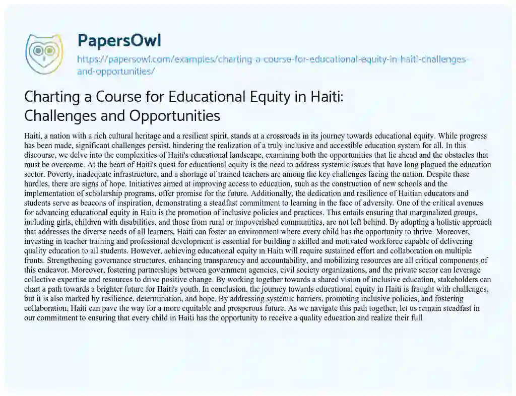 Essay on Charting a Course for Educational Equity in Haiti: Challenges and Opportunities