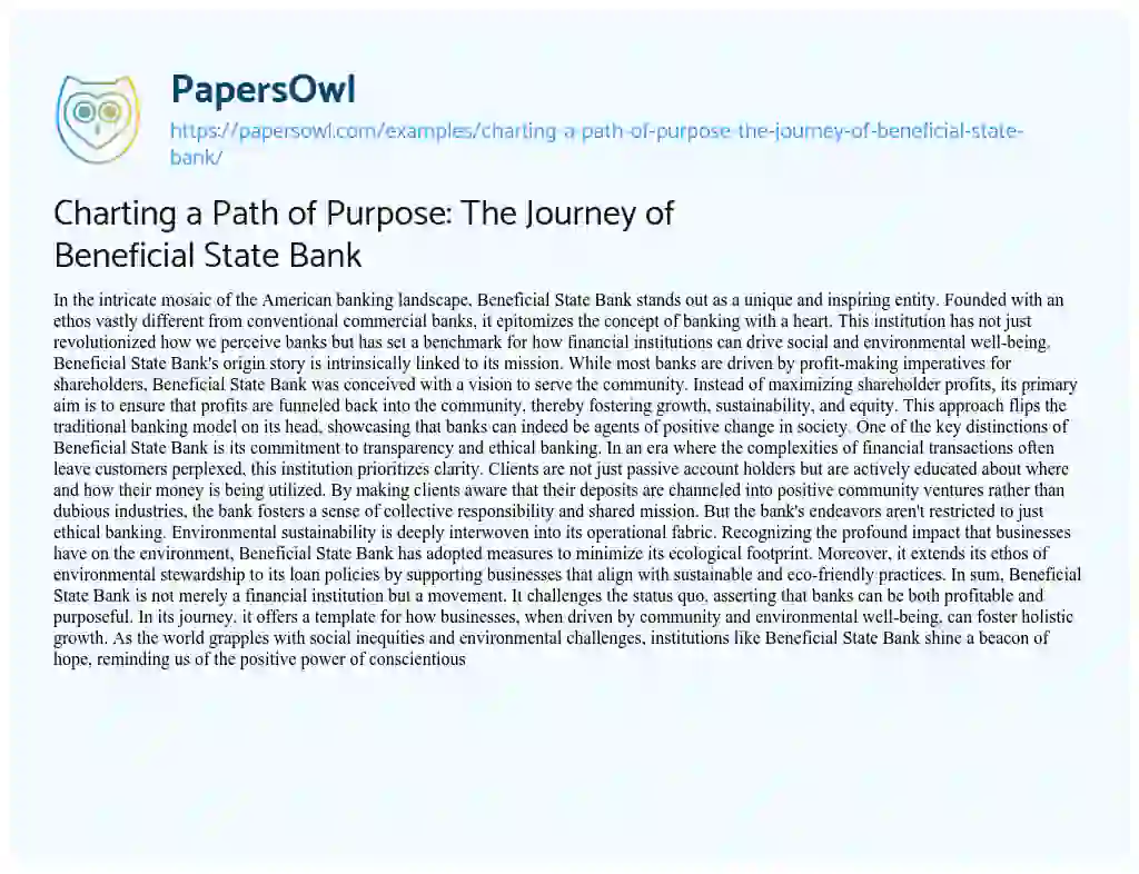 Essay on Charting a Path of Purpose: the Journey of Beneficial State Bank