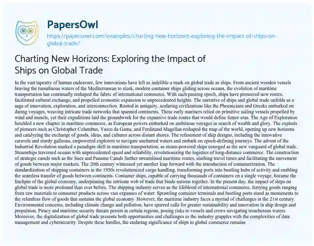 Essay on Charting New Horizons: Exploring the Impact of Ships on Global Trade