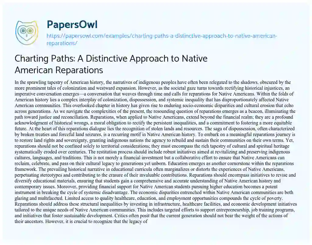 Essay on Charting Paths: a Distinctive Approach to Native American Reparations
