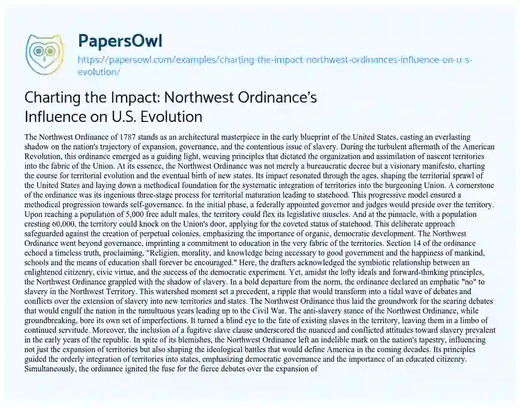 Essay on Charting the Impact: Northwest Ordinance’s Influence on U.S. Evolution