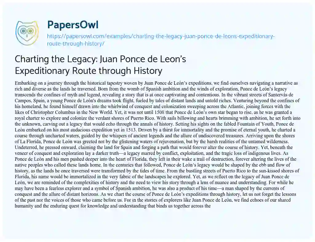 Essay on Charting the Legacy: Juan Ponce De Leon’s Expeditionary Route through History