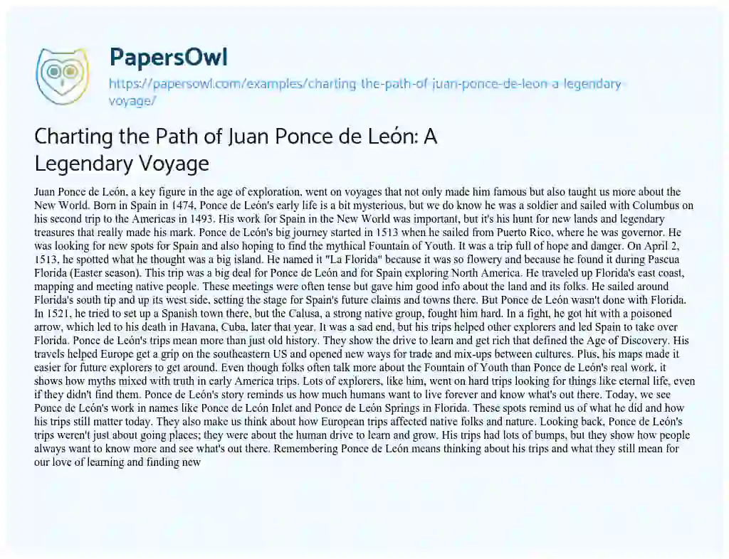 Essay on Charting the Path of Juan Ponce De León: a Legendary Voyage