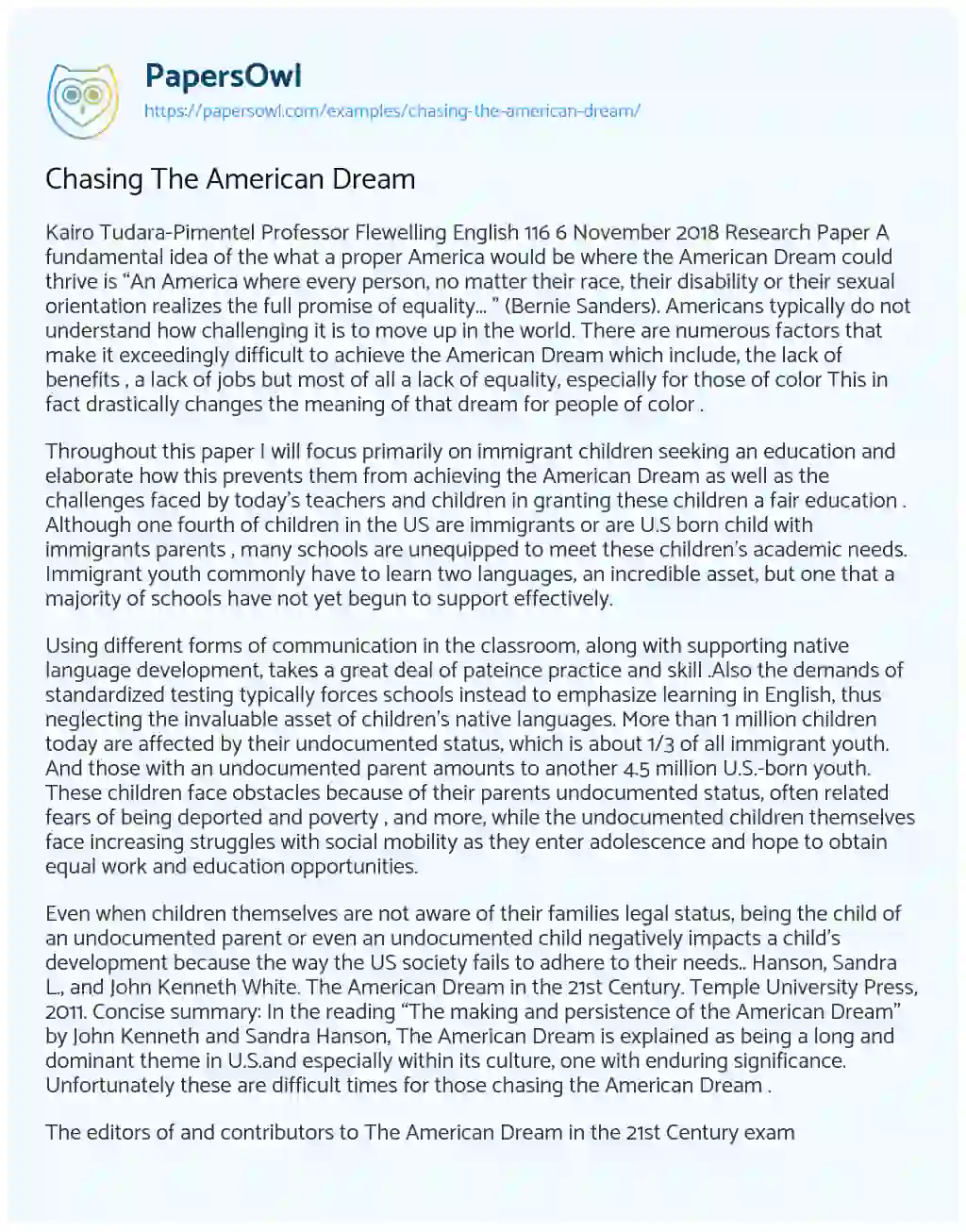 Essay on Chasing the American Dream