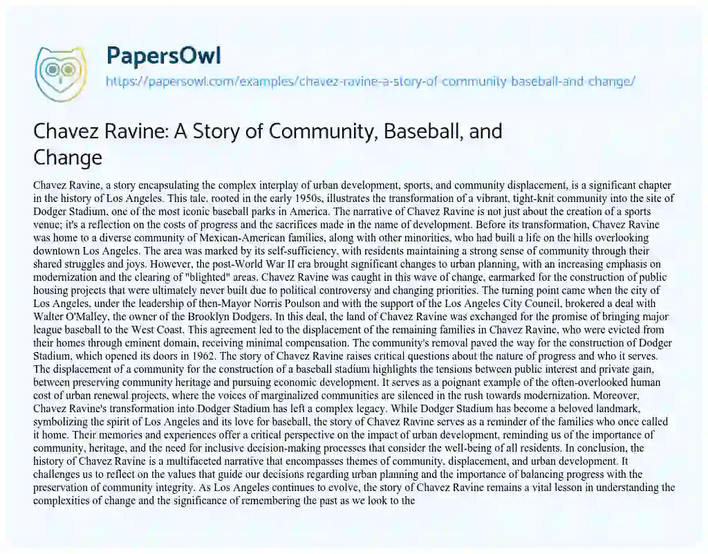 Essay on Chavez Ravine: a Story of Community, Baseball, and Change
