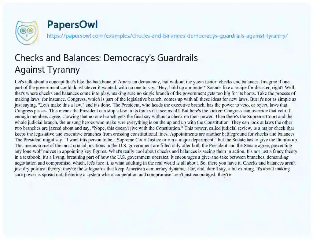 Essay on Checks and Balances: Democracy’s Guardrails against Tyranny
