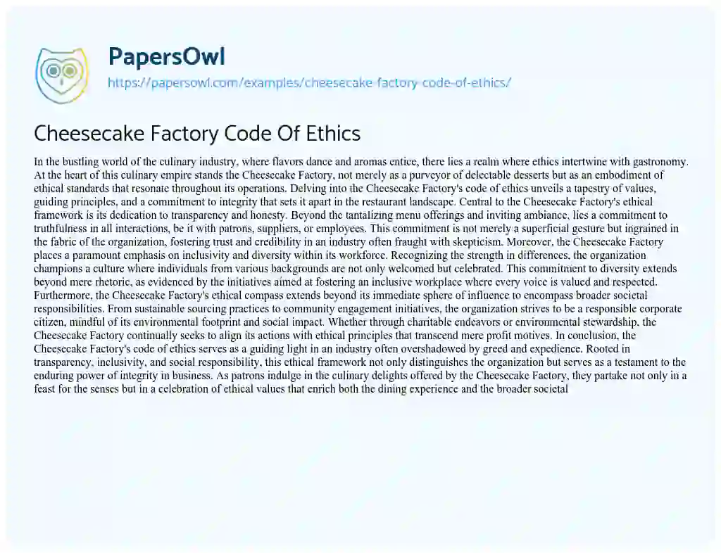 Essay on Cheesecake Factory Code of Ethics