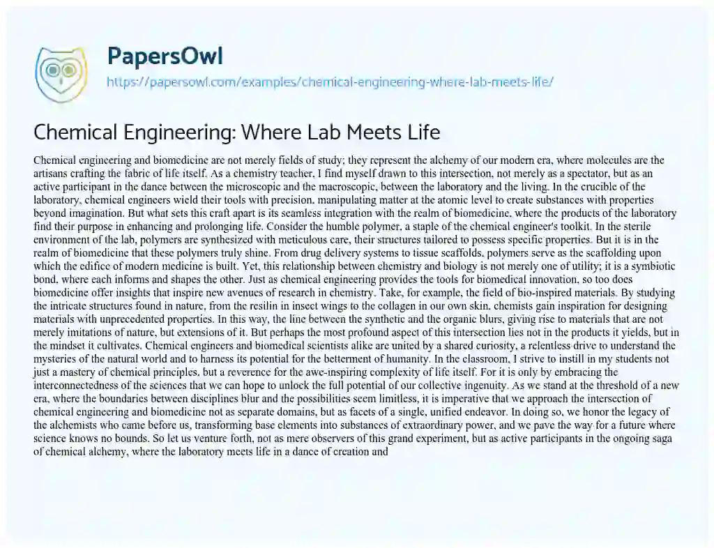 Essay on Chemical Engineering: where Lab Meets Life