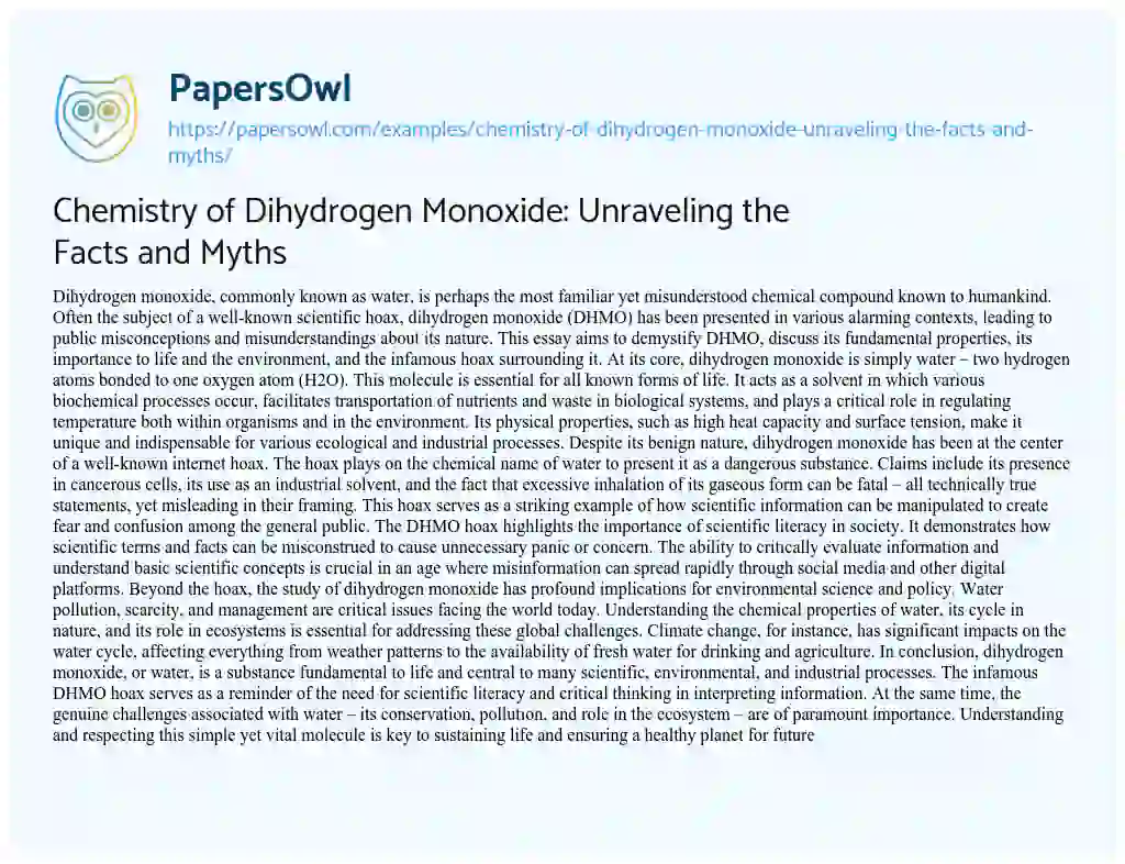 Essay on Chemistry of Dihydrogen Monoxide: Unraveling the Facts and Myths