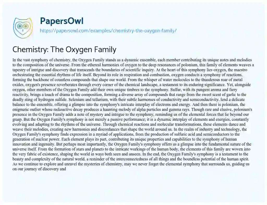 Essay on Chemistry: the Oxygen Family