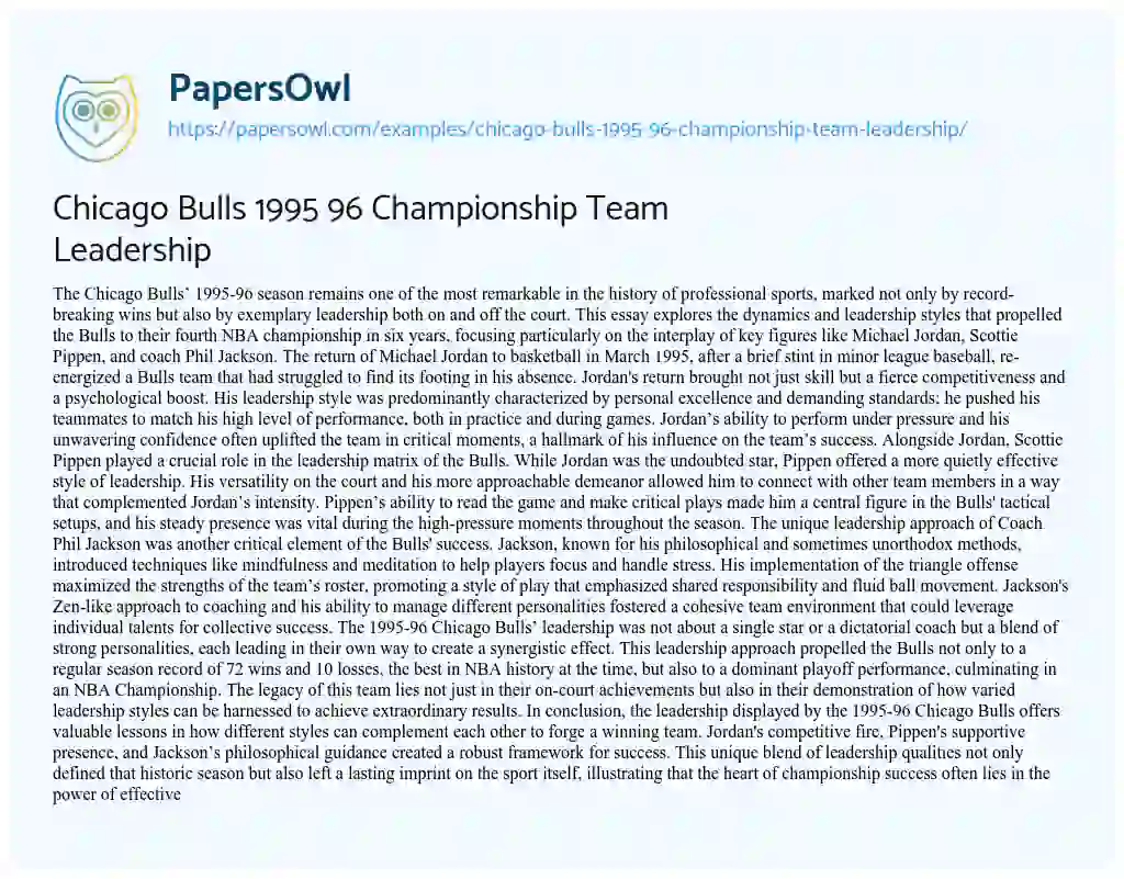 Essay on Chicago Bulls 1995 96 Championship Team Leadership