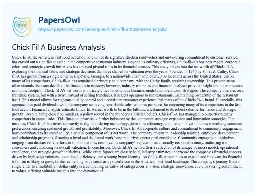Essay on Chick Fil a Business Analysis