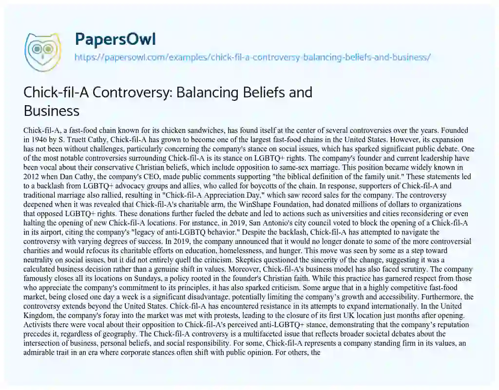 Essay on Chick-fil-A Controversy: Balancing Beliefs and Business